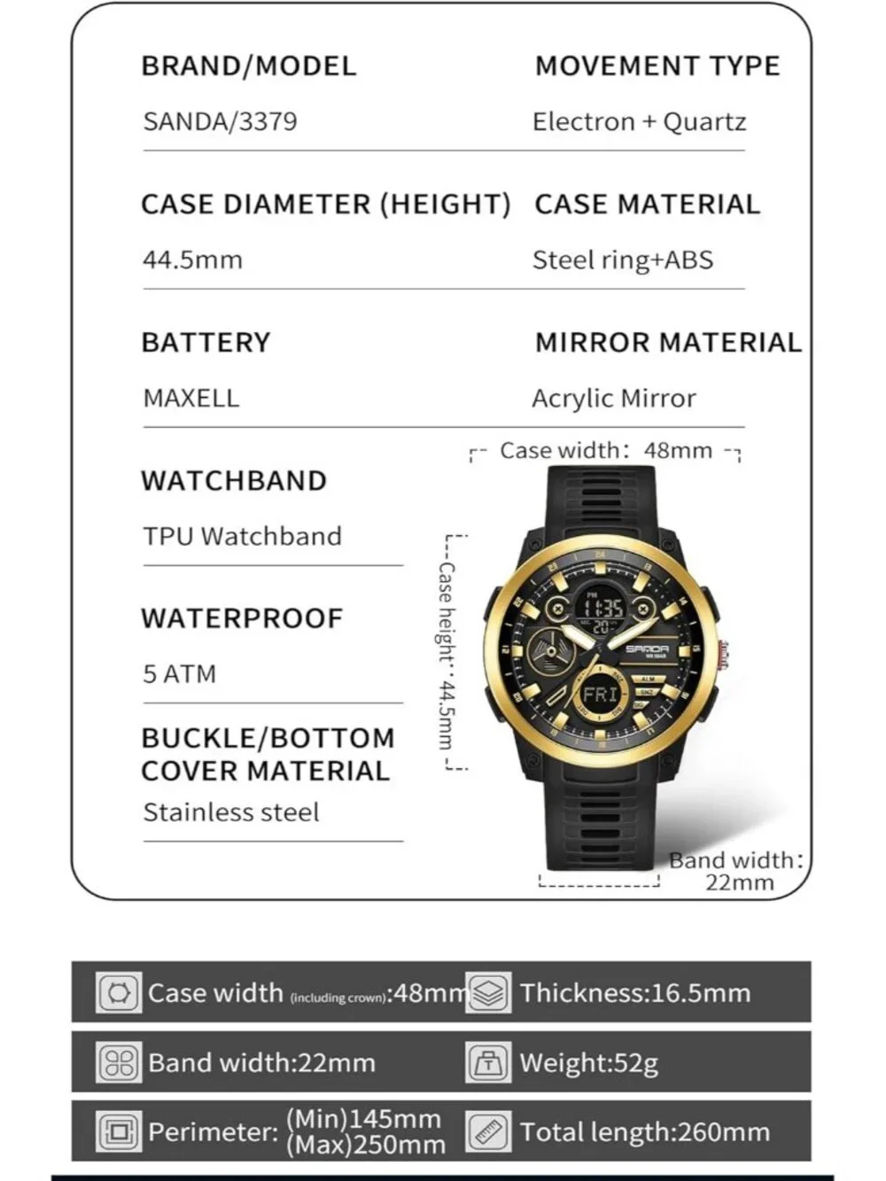 Men's Black Gold Analog Quartz Stainless Steel Military Electronic Digital Watch